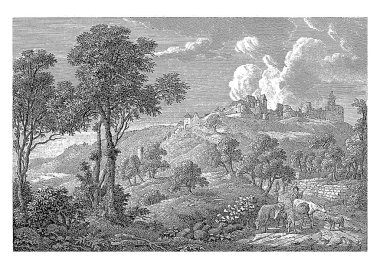 Waldleiningen Kalesi manzarası, Jakob Wilhelm Christian Roux, 1822, eski oyma..