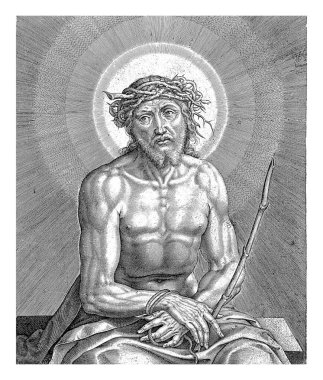 İsa, Dikenli Taç (Ecce Homo), Hieronymus Wierix, 1563 - 1612 'den önce İsa bir bankta oturuyordu, elleri bağlı ve başında dikenli taç vardı..