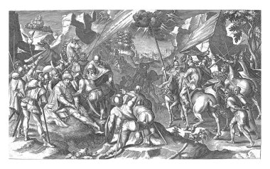 Paul 'un dönüşümü, Jacob de Gheyn (II) (atölye çalışması), Karel van Mander (I), 1595 - 1596' dan sonra bir dağ manzarasında bir gezici grup sesten ve cennetten gelen parlak ışıktan ürker..