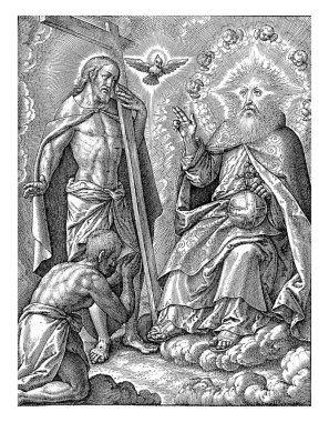 Kutsal Üçlü, Hieronymus Wierix, 1563 - 1619 'dan önce bir adam cennetteki kutsal üçlemenin önünde diz çöküyor. Tanrı onu kutsasın. Kafası ışınlar ve bir nimbus melek ile çevrilidir..