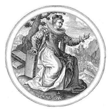 Clio, Crispijn van de Passe (I), 1589 - 1611 Manzara Clio ile, tarihin ilham perisi, Levius 'un bir kitabına dayanır. Arka planda bir savaş. İlham perili bir diziden ilk baskı.