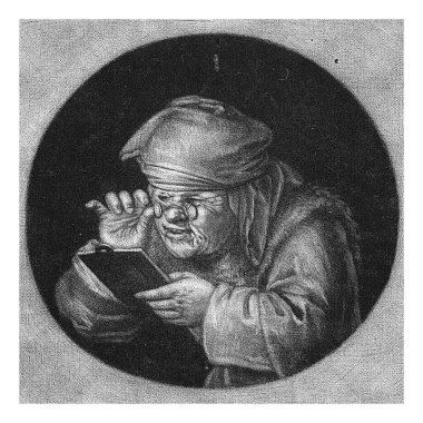 The Face: Old Woman Reading, Jacob Gole, 1670 - 1709, vintage gravür.