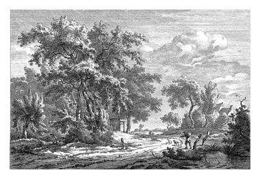 Yde 'deki manzara, Hendrik Schwegman, Egbert van Drielst' ten sonra, 1771 - 1816 Yde, Drenthe 'deki ağaçlar arasında bir yol ve ev manzarası. Yolda sırt çantası ve köpeği olan bir adam var..