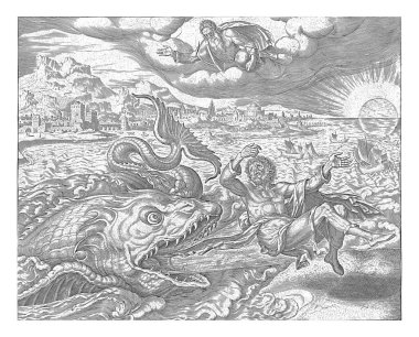 Balıklar Jonah 'ı karaya tükürür, Philips Galle, Maarten van Heemskerck, 1596 - 1633' ten sonra balığın karnında üç gün ve gece hayatta kaldıktan sonra, balıklar Jonah 'ı karaya tükürürler..