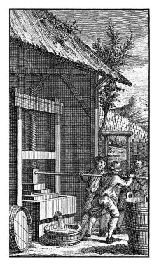 Ekim: Üzüm hasadı, Jan Caspar Philips, 1736 - 1775 Ekim ayı: üç adam üzüm sıkacağı işletiyor. Bir tepenin arkasında bir üzüm bağı var..
