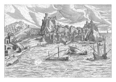 Korfu Limanı manzaralı, Hendrick van Cleve, 1585 Corfu Limanı manzaralı. Ön planda bazı gemiler var. Parmak izi, Akdeniz 'deki çeşitli yerleri resmeden bir serinin parçası..