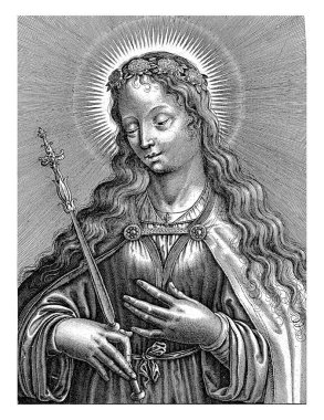 Mary, elinde bir asa ile, Wierix (muhtemelen), 1610 - 1672 Bakire Meryem, pelerin giymiş, saçında bir tespih ile. Bir elini göğsüne dayar, diğer elinde de bir asa tutar..