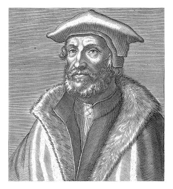 Leuven 'de profesör olan Petrus Nannius' un portresi. Sola kır. Baskının Latince bir başlığı ve başlığı var ve Hollandalı tanınmış yazarların yazdığı bir dizinin bir parçası..