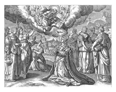 İsa 'nın Gelinine Kan Vermesi, Johann Sadeler (I), Maerten de Vos' tan sonra, 1643, İsa 'nın Gelini, diz çöküp İsa' nın Bulut 'taki görünümüne baktı..