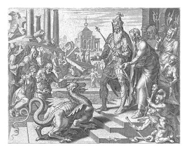 Daniel ejderhayı besliyor, Philips Galle, Maarten van Heemskerck 'ten sonra, 1601 - 1633 Kral Cyrus Daniel' dan ejderhayı tanrı olarak onurlandırmasını istiyor..