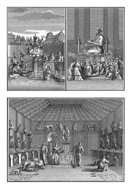 Japon Tanrıları, Bernard Picart (atölye çalışması), Japon tanrılarının üç temsili ile 1724 Çarşaf. Sol üstte: Japon tanrısının resmi.