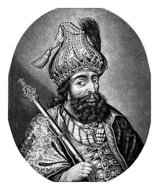 Babür İmparatorluğu 'nun hükümdarı Pieter Schenk' in portresi, 1670 - 1713 Hindistan 'daki Babür İmparatorluğu' nun inci başlıklı hükümdarı. Elinde bir asa var..