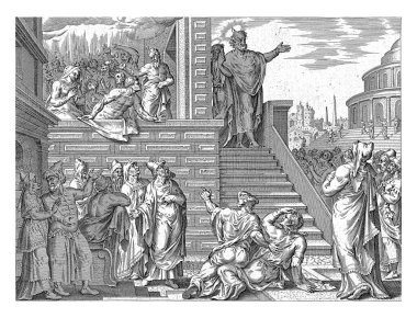 Peter Kudüs 'te vaaz veriyor, anonim olarak, Philips Galle' den sonra, Maarten van Heemskerck 'ten sonra, 1646' da Kutsal Ruh, Mary ve üst katta toplanan havarilerin üzerine çöküyor..