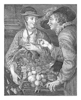 Elinde meyve sepeti olan bir kadın, Joachim Bueckelaer 'den sonra, 1600 - 1700 bir kadın göğsünün önünde bir şalla bir sepet meyveyi elinde tutuyor..