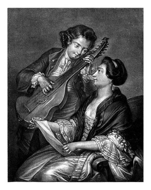 Gençlik, Philippe Joseph Tassaert, 1768 Genç bir çift birlikte müzik yapıyor. Oğlan gitar çalar ve kız yapraktan şarkı söyler..