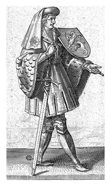 荷兰伯爵扬一世 荷兰伯爵阿德里安 马瑟姆 荷兰伯爵扬一世1620年的肖像 身穿盔甲站在右边 肩上披着荷兰国徽 手里拿着一把剑 — 图库照片