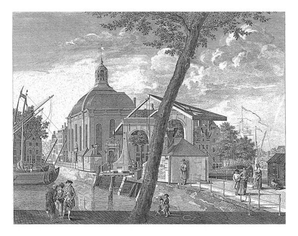 鹿特丹路德教会的观点 Wagner 1778年鹿特丹路德教会关于狼群的观点 从Blaak的方向看 — 图库照片