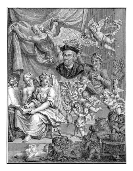 Allegory Rabelais Writing Jacob Folkema 1740 Hyllad Ängel Sitter Med — Stockfoto