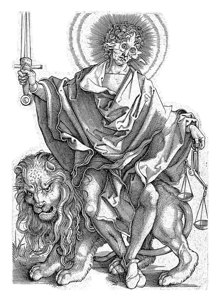 正義の太陽 ソール ジャスティエ アルブレヒト デュラーの後 1566年 太陽神としての正義 片手で剣とスケールを持ち ライオンに取り付けられた — ストック写真