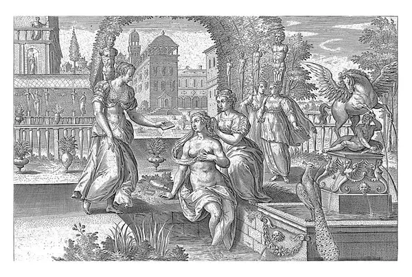 Bathsheba收到了David的信 Adriaen Collaert 在1596 1643年Jan Snellinck之后 Bathsheba在仆人的陪伴下 坐在水池边的喷泉边 — 图库照片