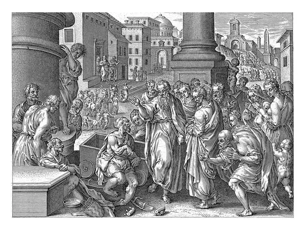 ポールはリストラで麻痺した男を癒した後 アデリアン コラートの後 ファン ストレートの後 1646年 使徒パウロとバルナバがリストラに到着した そこで麻痺した男を癒す — ストック写真