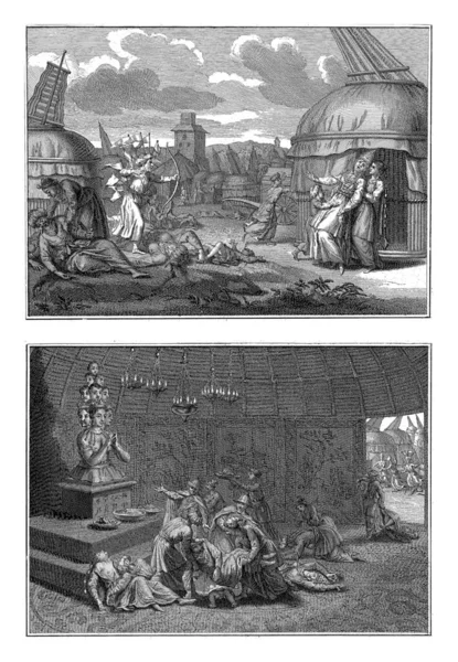Deeds of Buth, a Tatar Young Man, Bernard Picart (workshop of), after Bernard Picart, 1727 Sheet with two representations of the deeds of Buth.