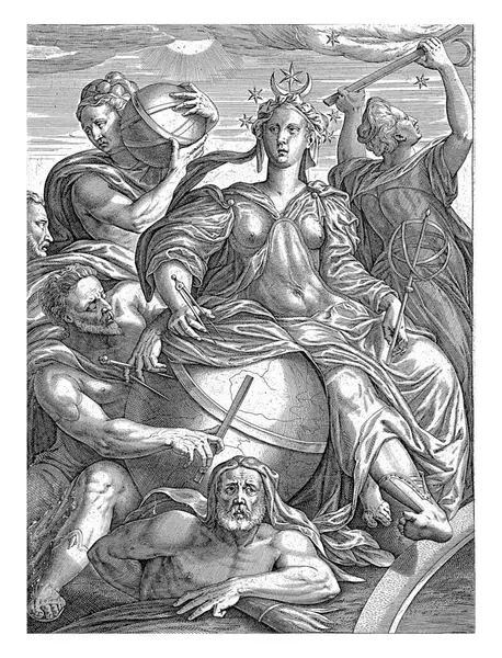 Astronomy, anonymous, after Francesco Primaticcio, 1592 The female personification of Astronomy, crowned with the crescent moon and stars, measures a globe with her compass.