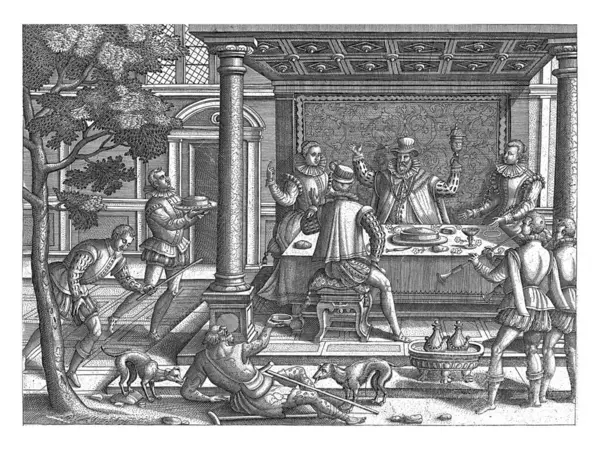 Lazarus Rich Man 's Feast' te anonim olarak yalvarıyor, Pieter van der Borcht (I), c. 1575 - c. 1599 Zengin adam, iki bayan ve bir beyefendiyle birlikte bir ziyafette oturuyor..