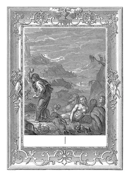 在1731年伯纳德 皮卡尔之后 当洪水退去时 皮卡尔和皮尔哈受到神谕的劝告 蒙住了他们的脸 — 图库照片