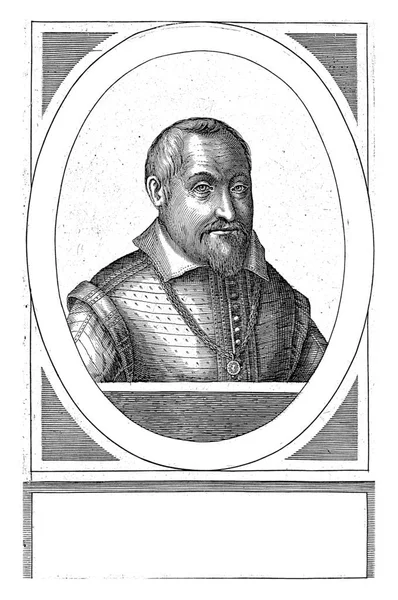 Hippolyte de Colle 'nin portresi, Hendrick Hondius (I), 1608 Colle Hippolyte de Colle' nin solunda, oval bir çerçevede, Latince adı ve başlığı yazılı bir yazı.
