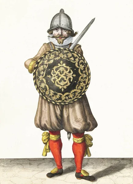 The exercise with shield and skewer: the soldier standing at rest with his rapier resting on the left shoulder behind the shield, vintage color illustration.