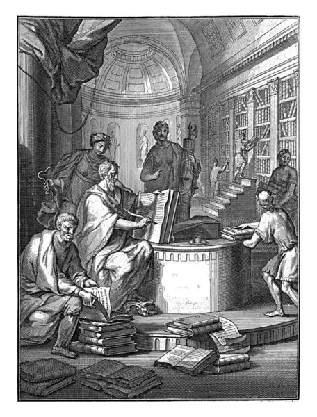 Allegorical representation with personification of justice and men at work in library, Abraham de Blois, after Ottmar Elliger, 1709 Allegorical representation with female personification of justice.