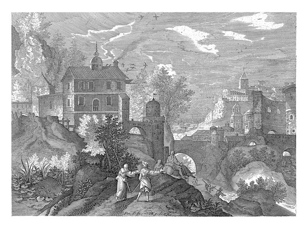 风景与石桥 艾吉迪乌斯 萨德勒 史蒂文斯二世之后的风景 1597 1629年 背景是一座通往城市的石桥 — 图库照片