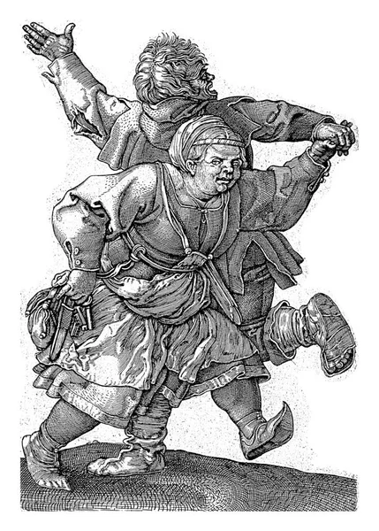 跳着舞的农民夫妇 Hieronymus Wierix 据说是Albrecht Durer之后1559年 1619年之前 一个农民和一个农妇手牵手跳舞 图库图片