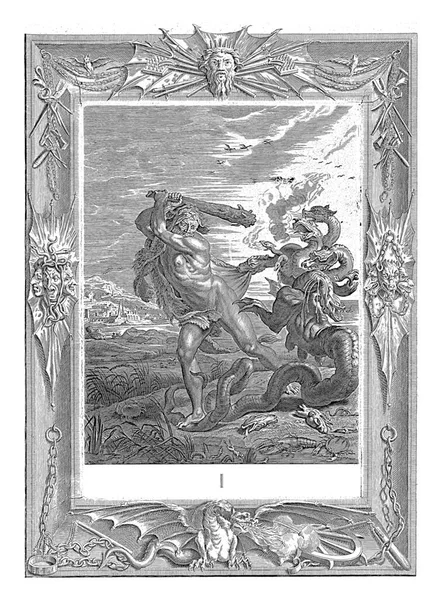 海格力斯杀死了莱娜的水合物 伯纳德 皮卡尔 伯纳德 皮卡尔的工作室 1731年 海格力斯用一根凸起的棍棒袭击了莱娜的水合物 免版税图库照片