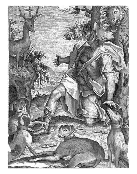 1580年 圣尤斯泰基尤斯 黛安娜 曼图瓦娜 继费德里科 祖卡罗之后 带着一匹马和四只狗在一个风景秀丽的地方 图库照片