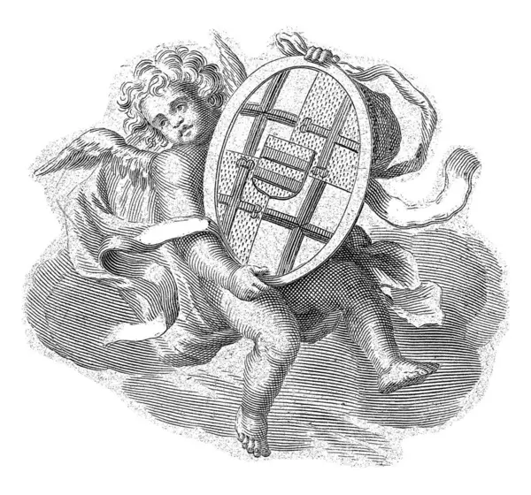 Cherub Weapon Gerard Edelinck 1652 1707 Cherub Hold Oval Weapon 免版税图库照片
