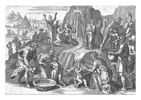 모세는 바위에서 사델러 크리스핀 브로크 1579 투수와 그릇에 수집하는 유대인 스톡 이미지
