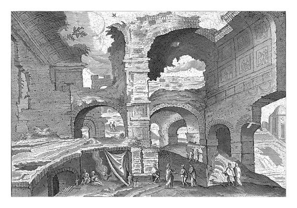 Caracalla浴场的废墟 Hendrick Van Cleve 1585年从内部看Caracalla浴场的废墟 一些徒步旅行者走在前头 左边是一个流浪汉的家庭 免版税图库图片
