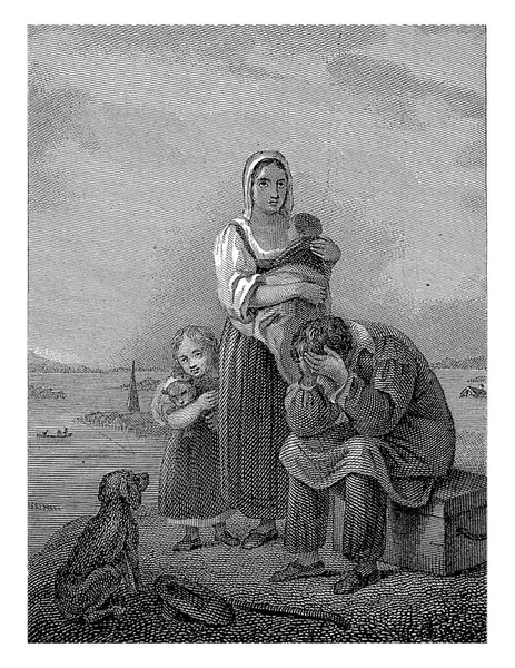 バックグラウンドの水面下の村を持つ家族 フィリッポス ヴェリン 1834 彼の手と洪水の村で2人の子供を持つ女性 ロイヤリティフリーのストック画像
