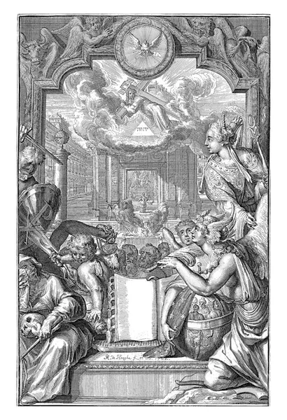 由Henricus Vos所著 新旧条约的全部主要历史 描述在扩张性的艺术板 2部分 阿姆斯特丹 1703年 有寓言的人物围绕着一本打开的书 免版税图库照片