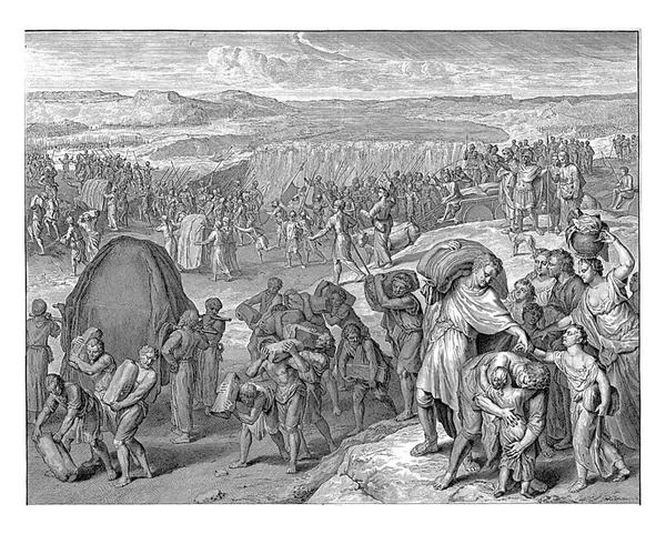 ヨルダン川を渡り コーネリス ホイッバート ジェラルド フセット 1720年から1728年まで残ったフロントは 契約の箱を運ぶ司祭たちである 真ん中には 12人の男がそれぞれヨルダンの底から石を持ち上げた ストック画像