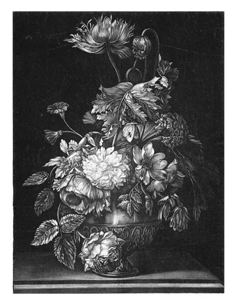 Vaso Metal Com Flores Pieter Schenk 1670 1713 Vintage Gravado Imagem De Stock