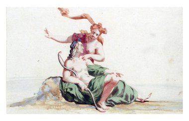 Venüs ve Adonis, anonim, 1688 - 1698 bir kadın oturan bir adama dokunur, elini eğip ona bir şey söyler. Muhtemelen sevgili Adonis 'ini avlanmaktan alıkoymak isteyen Venüs' tür..