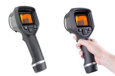 Thermal imager isolated on a white background. Monitoring the temperature distribution of the investigated surface. Thermal imaging camera inspection isolated. Check heat loss clipart