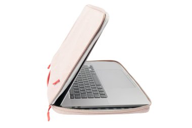 Fermuarlı dizüstü bilgisayar çantası. Beyaz arka planda izole edilmiş aygıt için koruma çantası. Dizüstü bilgisayarlı dosya