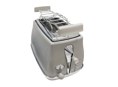 Beyaz arka planda izole edilmiş ekmek kızartma makinesi. Ekmek kızartmak için paslanmaz çelik tost makinesi. Ekmek kızartmak için elektrikli tost makinesi..