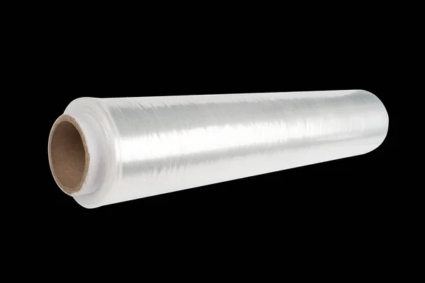 Roll of plastic stretch wrap film isolated on black background.