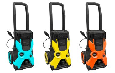 Yüksek basınçlı üç araba yıkayıcısı beyaz arka planda izole edilmiş. Yüksek basınçlı çamaşır makinesi. Yeni elektrikli çamaşır makinesi. Taşınabilir basınç temizleyici izole edildi.