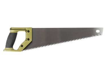 Beyaz arka planda mavi saplı ahşap bir el gördüm. Metal testere izole. 